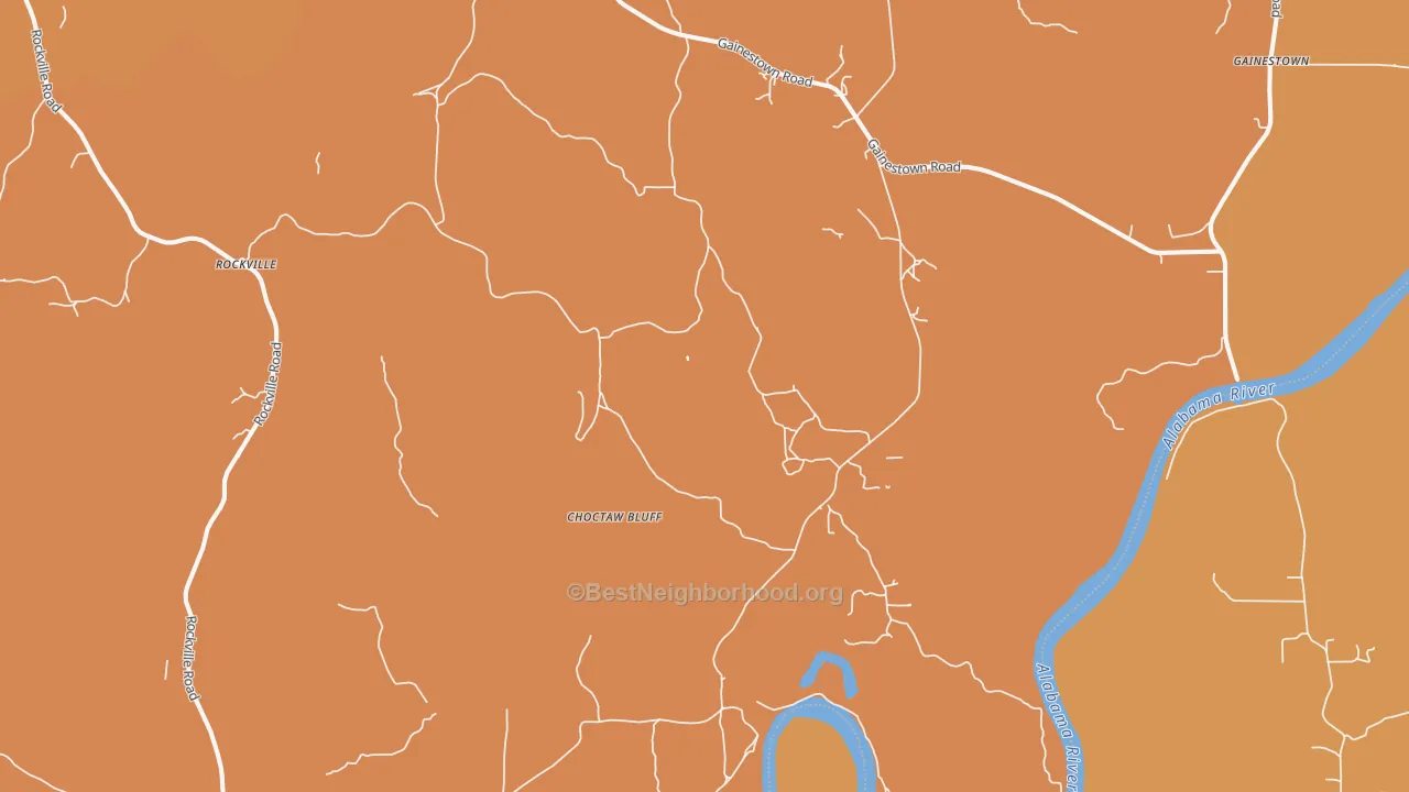 Map of the best neighborhoods in the Choctaw Bluff area, with better matches in green and worse matches in red