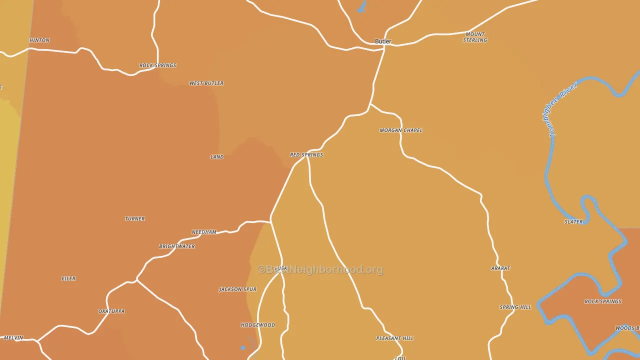 Map of the best neighborhoods in the Choctaw County area, with better matches in green and worse matches in red