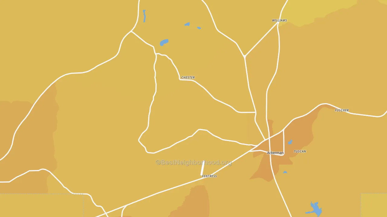 Map of the best neighborhoods in the Choctaw County area, with better matches in green and worse matches in red
