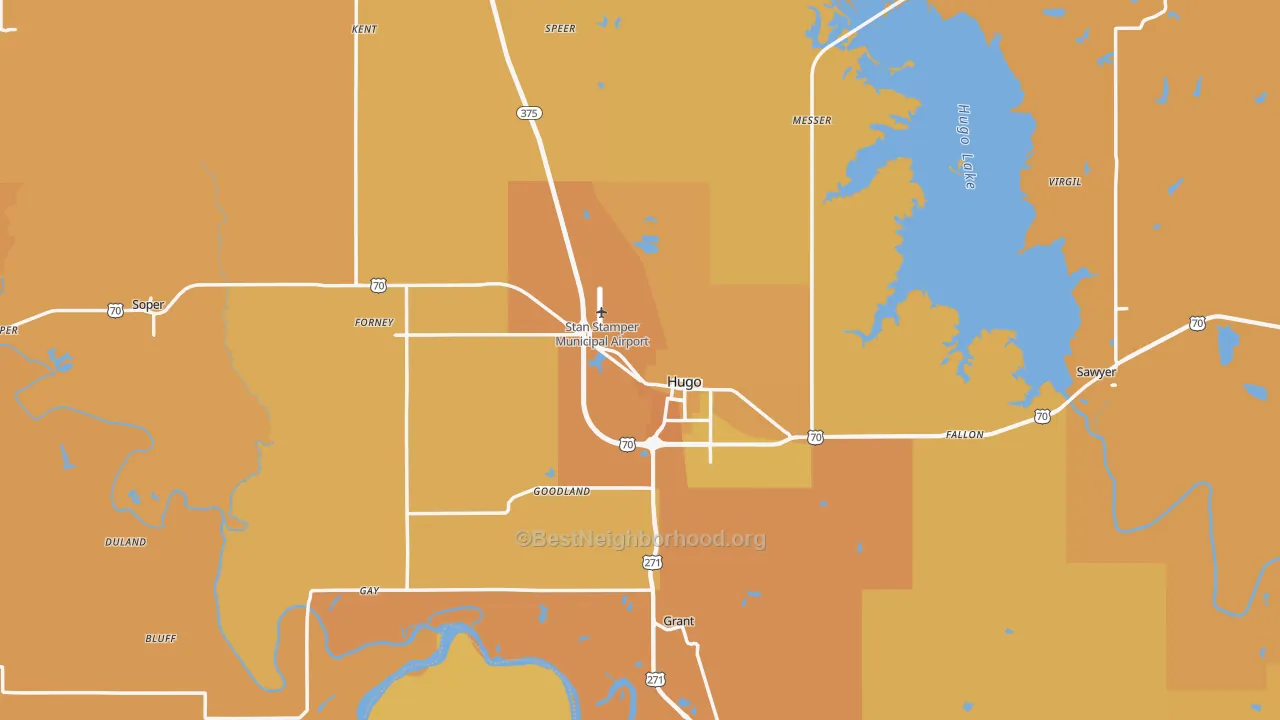 Map of the best neighborhoods in the Choctaw County area, with better matches in green and worse matches in red