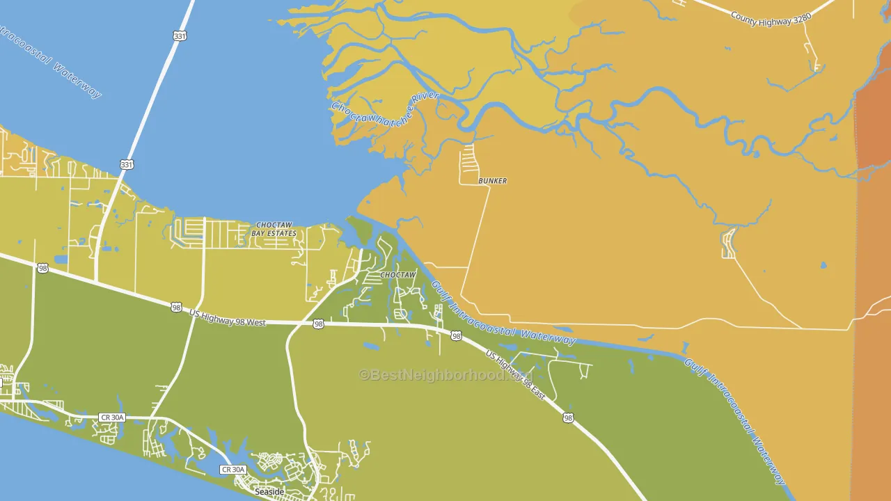 Map of the best neighborhoods in the Choctaw area, with better matches in green and worse matches in red