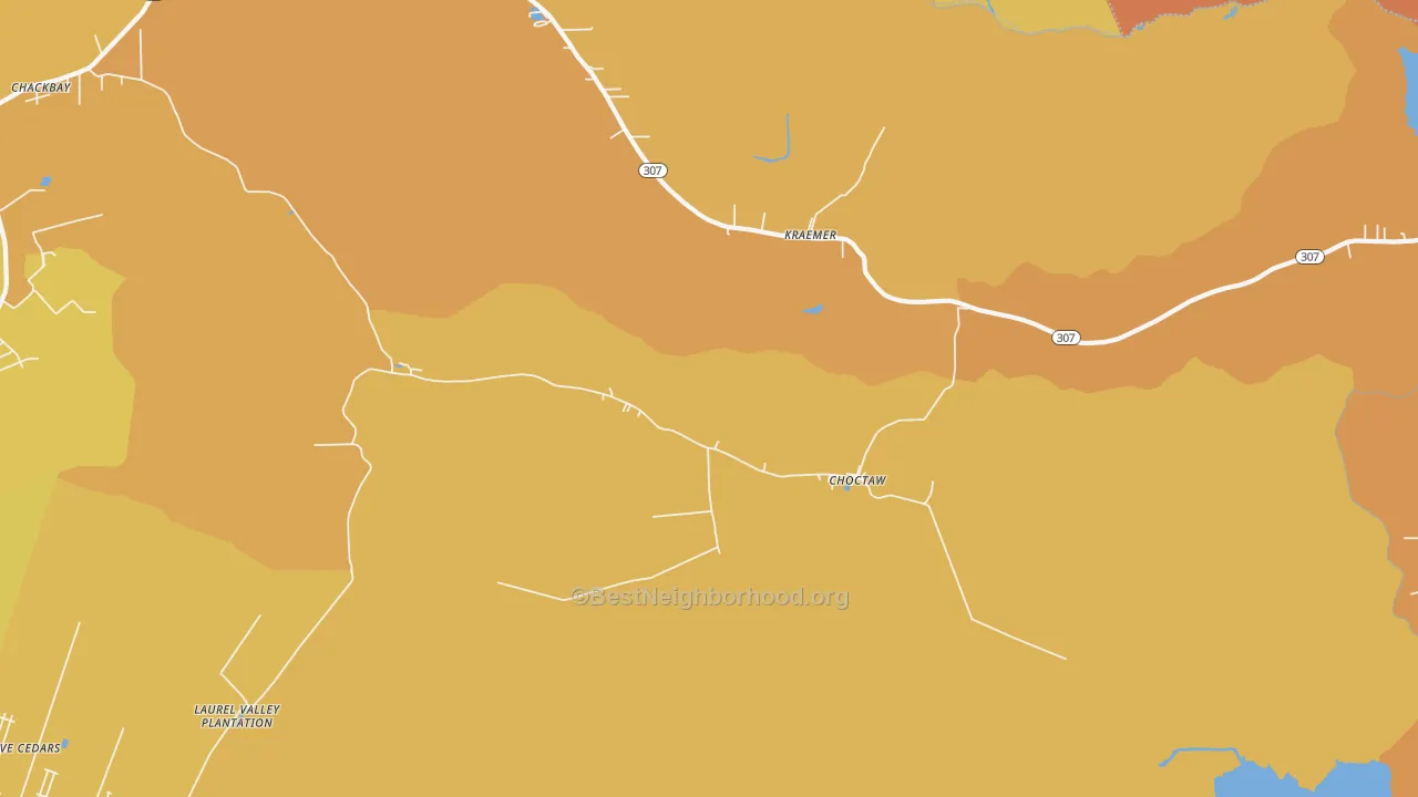 Map of the best neighborhoods in the Choctaw area, with better matches in green and worse matches in red