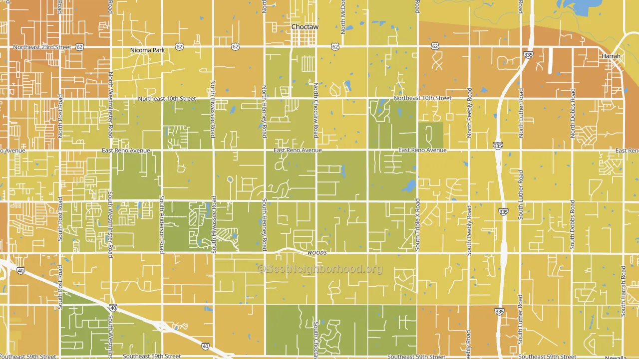 Map of the best neighborhoods in the Choctaw area, with better matches in green and worse matches in red