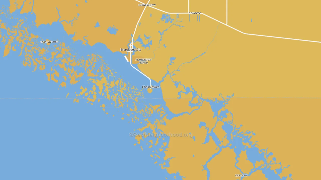 Map of the best neighborhoods in the Chokoloskee area, with better matches in green and worse matches in red