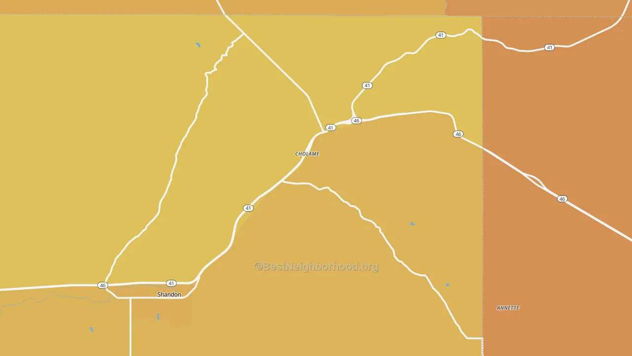 Map of the best neighborhoods in the Cholame area, with better matches in green and worse matches in red