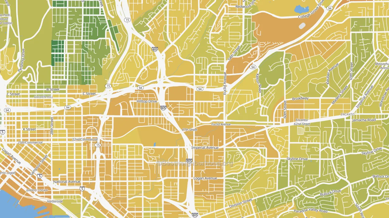 Map of the best neighborhoods in the Chollas View, San Diego area, with better matches in green and worse matches in red