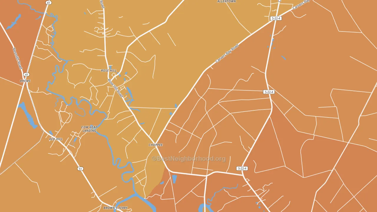 Map of the best neighborhoods in the Choppee area, with better matches in green and worse matches in red