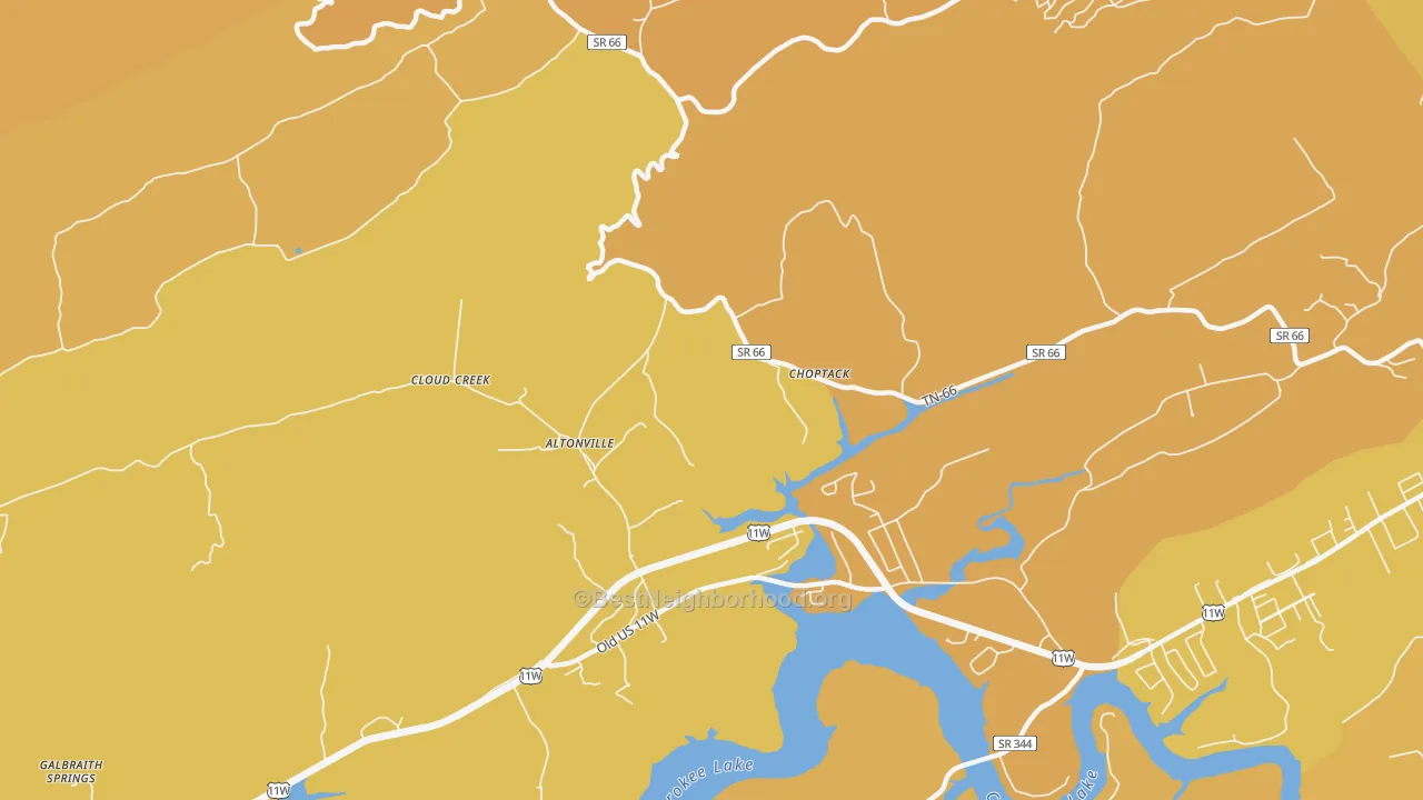 Map of the best neighborhoods in the Choptack area, with better matches in green and worse matches in red