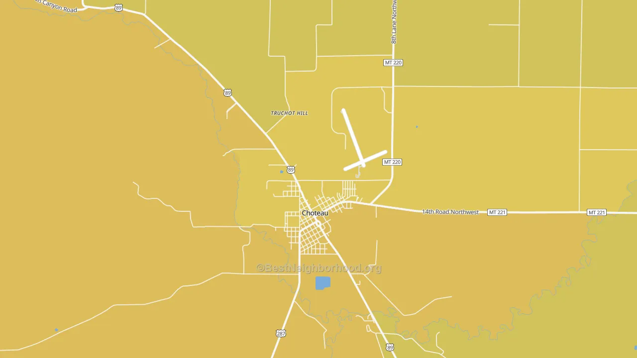 Map of the best neighborhoods in the Choteau Junction area, with better matches in green and worse matches in red
