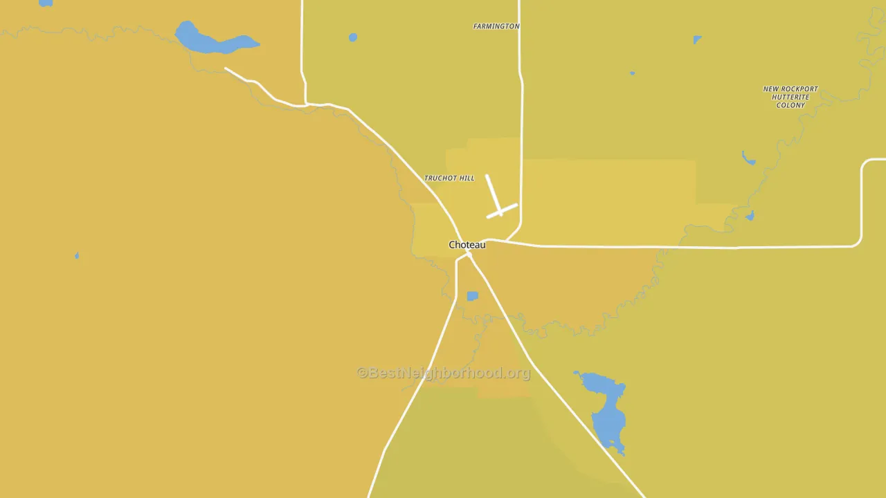 Map of the best neighborhoods in the Choteau area, with better matches in green and worse matches in red
