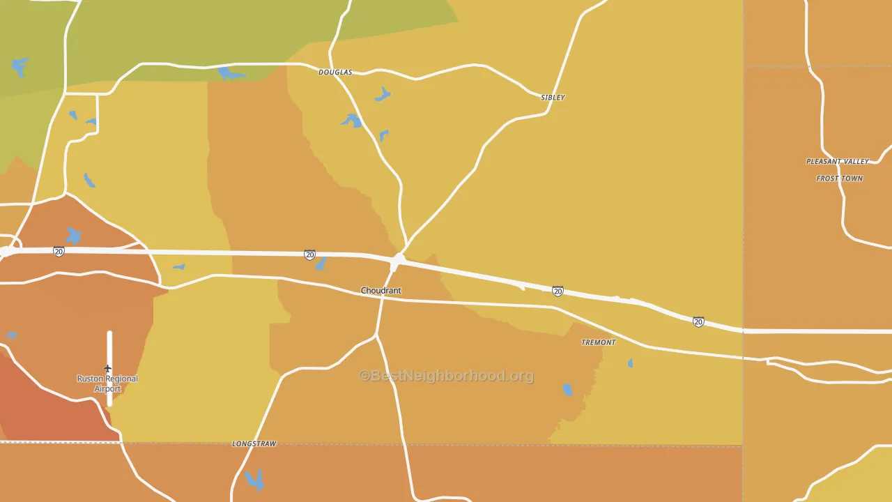 Map of the best neighborhoods in the Choudrant area, with better matches in green and worse matches in red