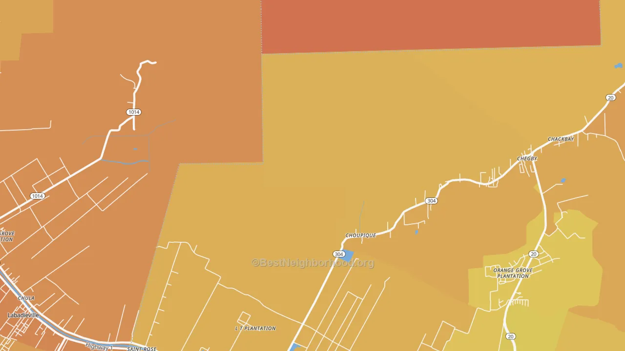 Map of the best neighborhoods in the Choupique area, with better matches in green and worse matches in red