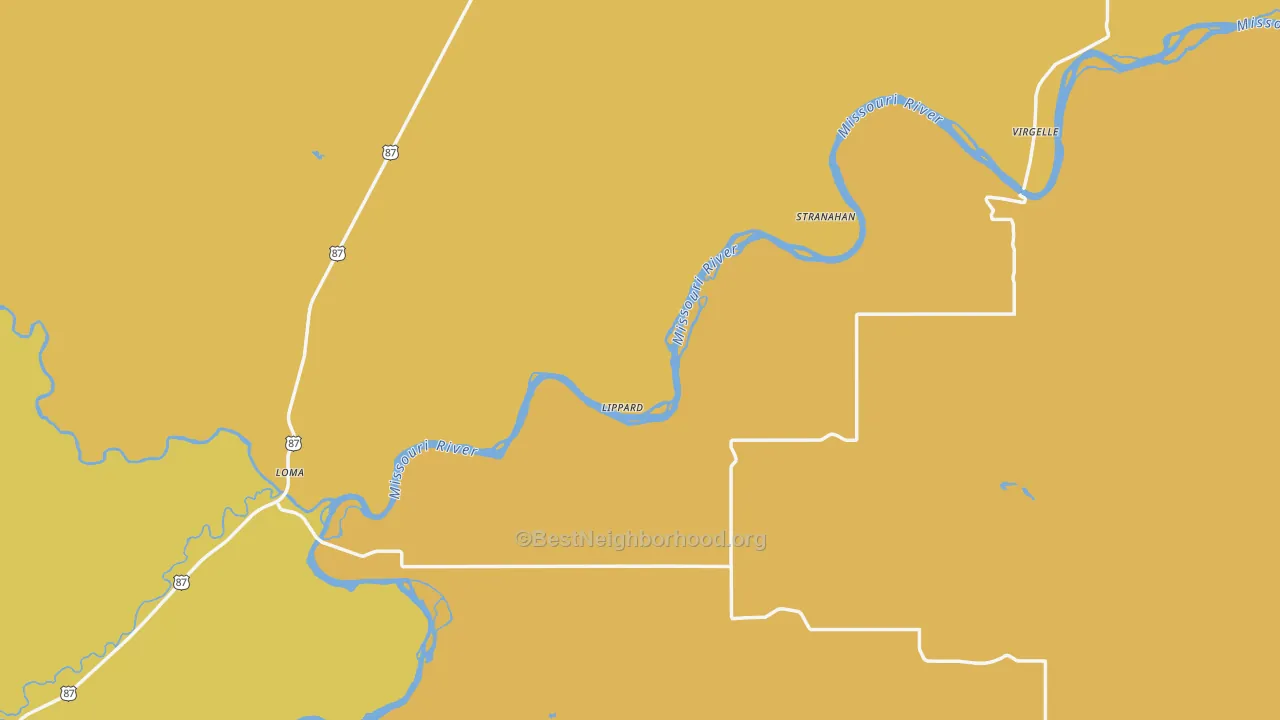Map of the best neighborhoods in the Chouteau County area, with better matches in green and worse matches in red