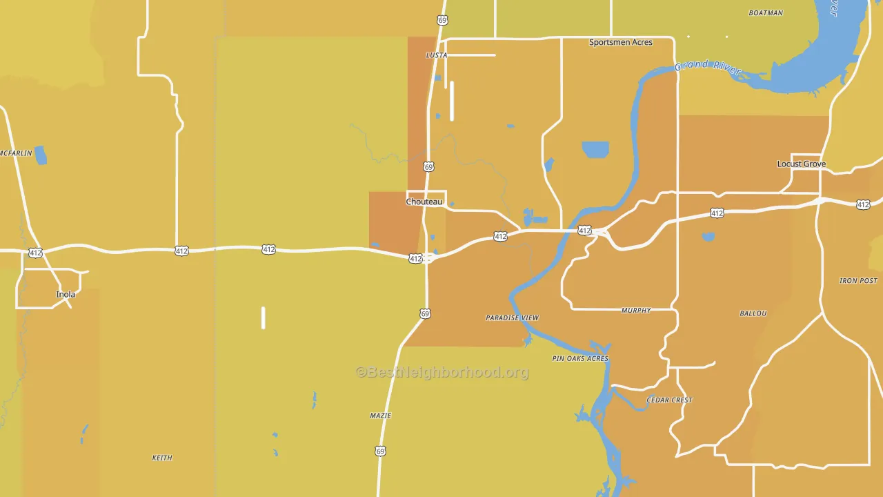 Map of the best neighborhoods in the Chouteau area, with better matches in green and worse matches in red
