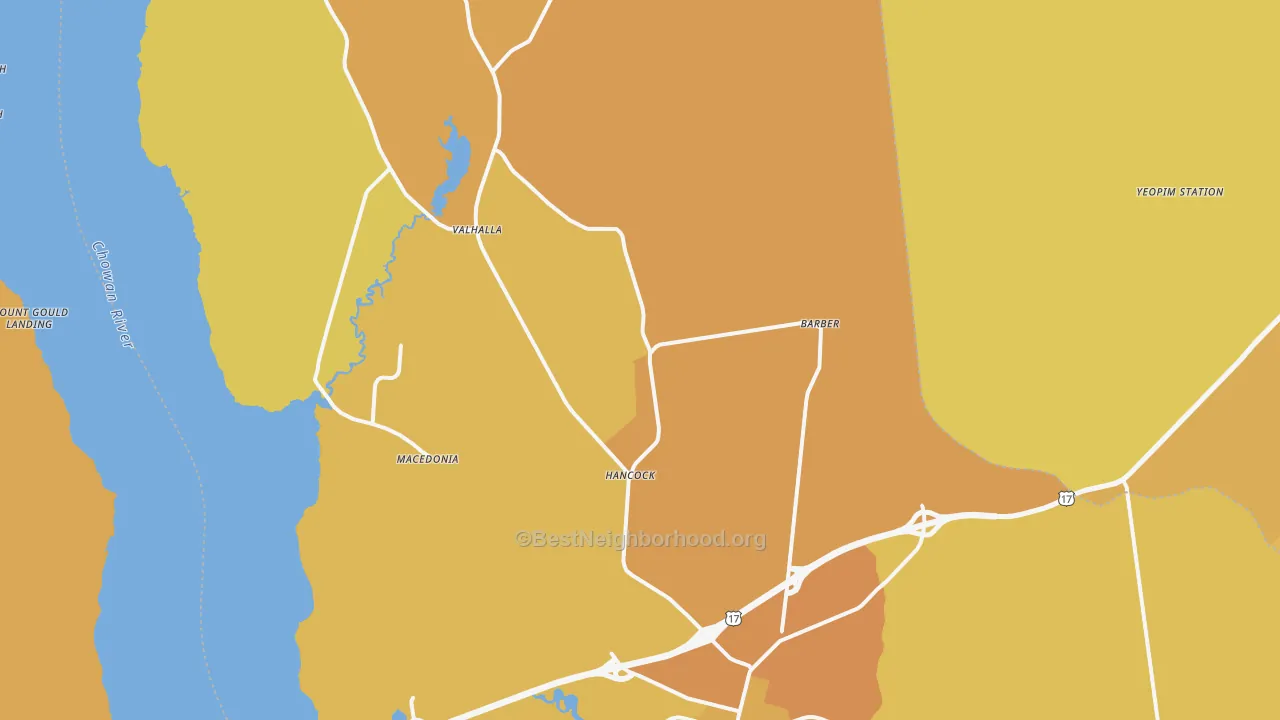 Map of the best neighborhoods in the Chowan County area, with better matches in green and worse matches in red