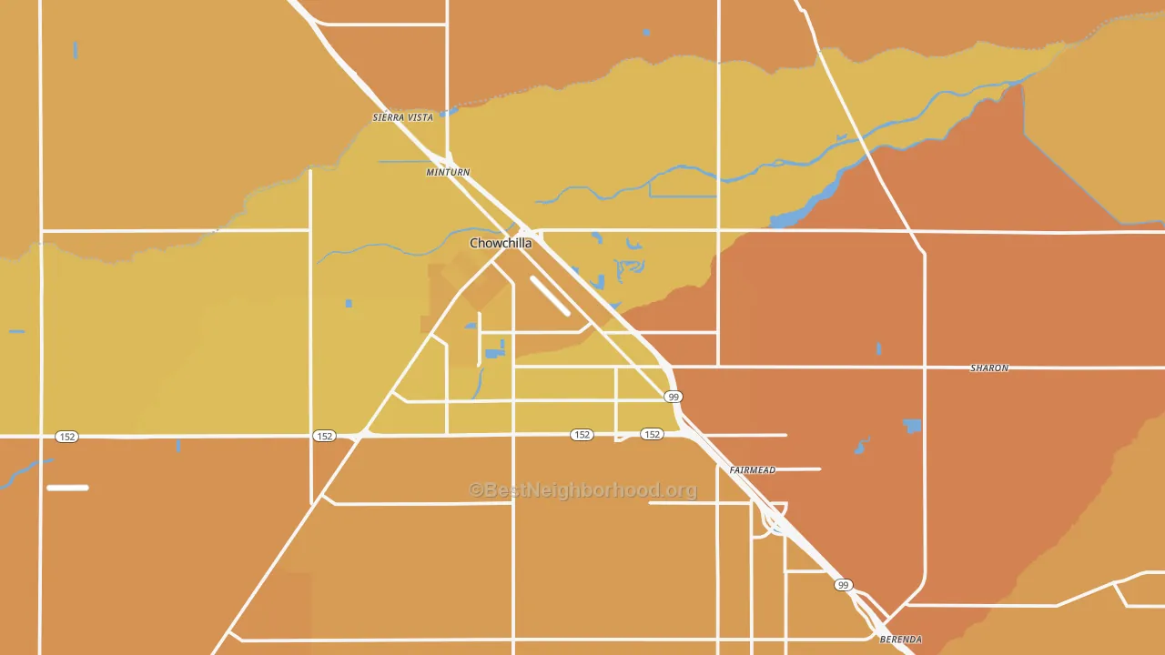 Map of the best neighborhoods in the Chowchilla area, with better matches in green and worse matches in red