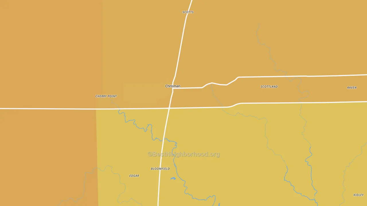 Map of the best neighborhoods in the Chrisman area, with better matches in green and worse matches in red