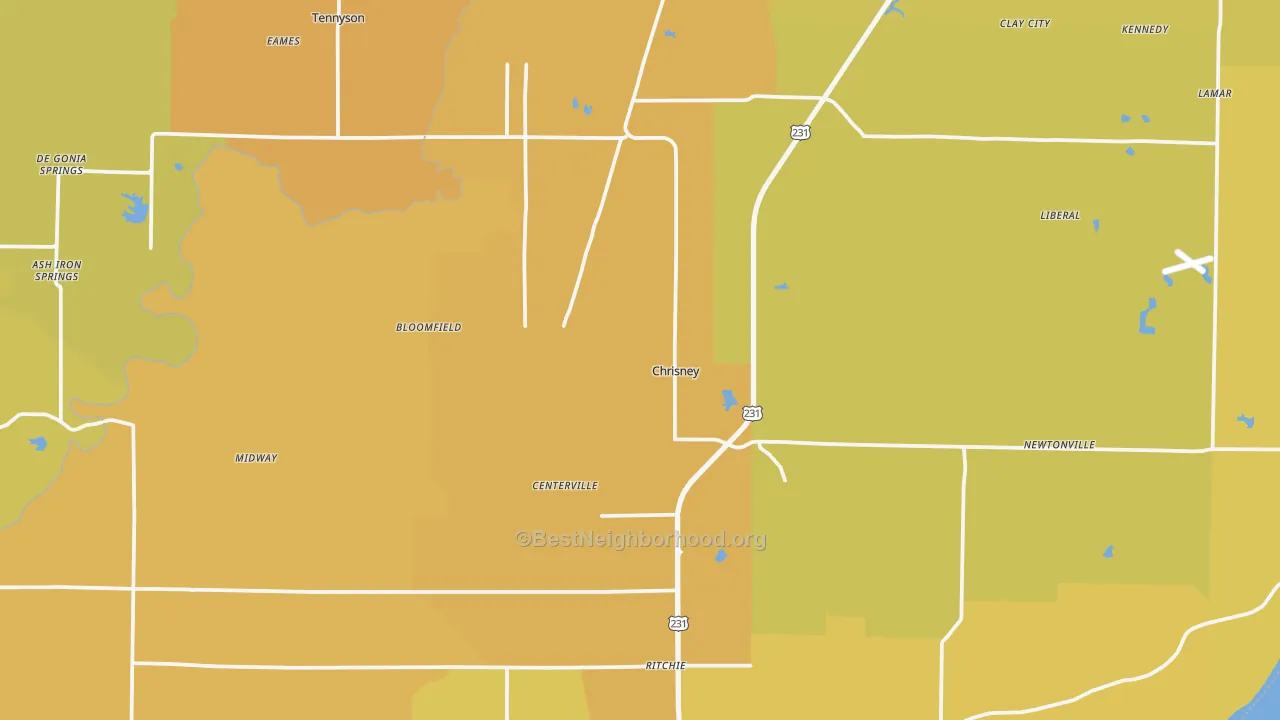 Map of the best neighborhoods in the Chrisney area, with better matches in green and worse matches in red