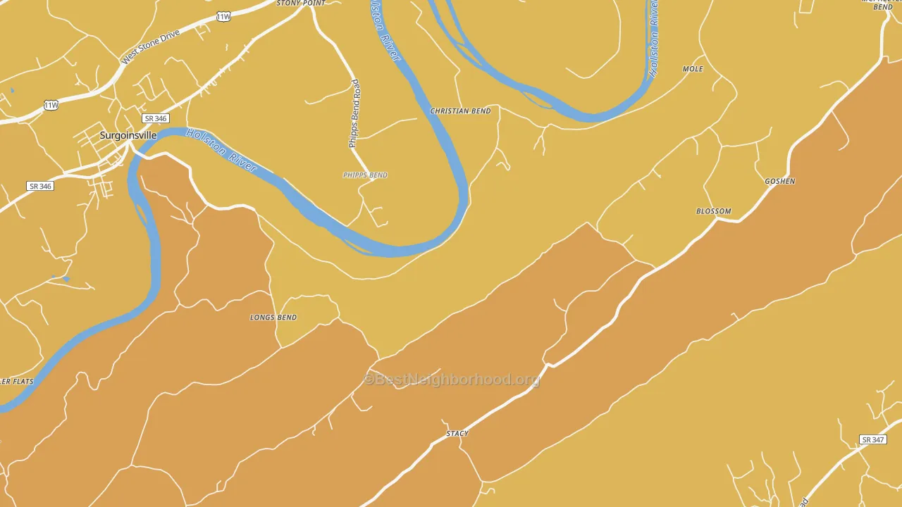 Map of the best neighborhoods in the Christian Bend area, with better matches in green and worse matches in red
