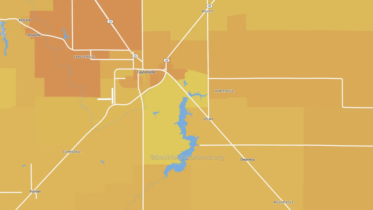 Map of the best neighborhoods in the Christian County area, with better matches in green and worse matches in red
