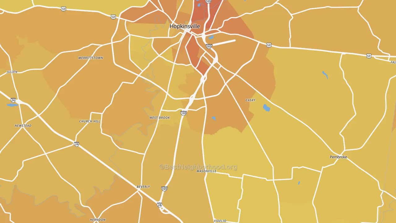 Map of the best neighborhoods in the Christian County area, with better matches in green and worse matches in red