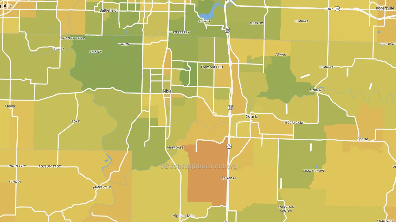 Map of the best neighborhoods in the Christian County area, with better matches in green and worse matches in red