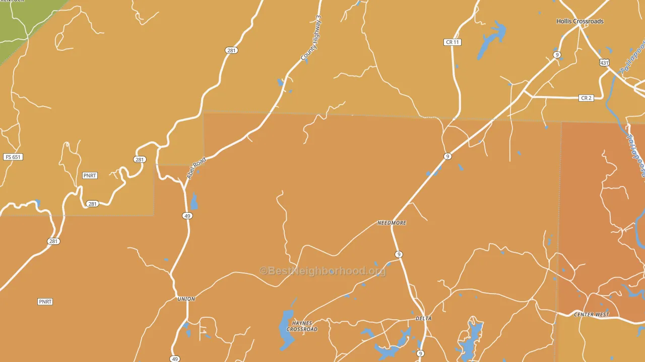 Map of the best neighborhoods in the Christiana area, with better matches in green and worse matches in red