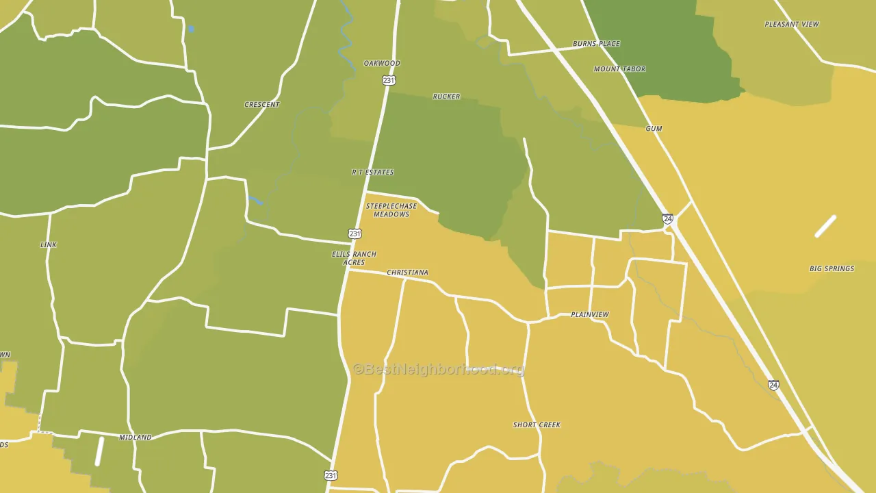 Map of the best neighborhoods in the Christiana area, with better matches in green and worse matches in red