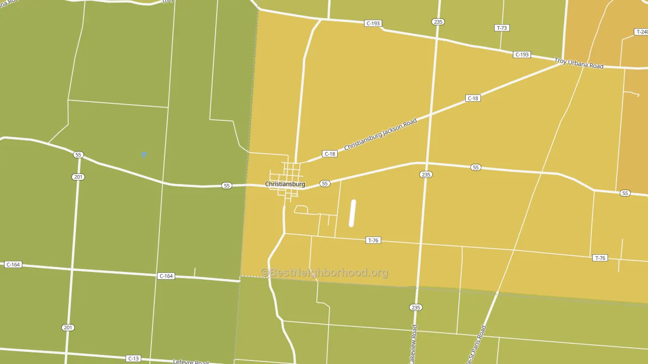 Map of the best neighborhoods in the Christiansburg area, with better matches in green and worse matches in red