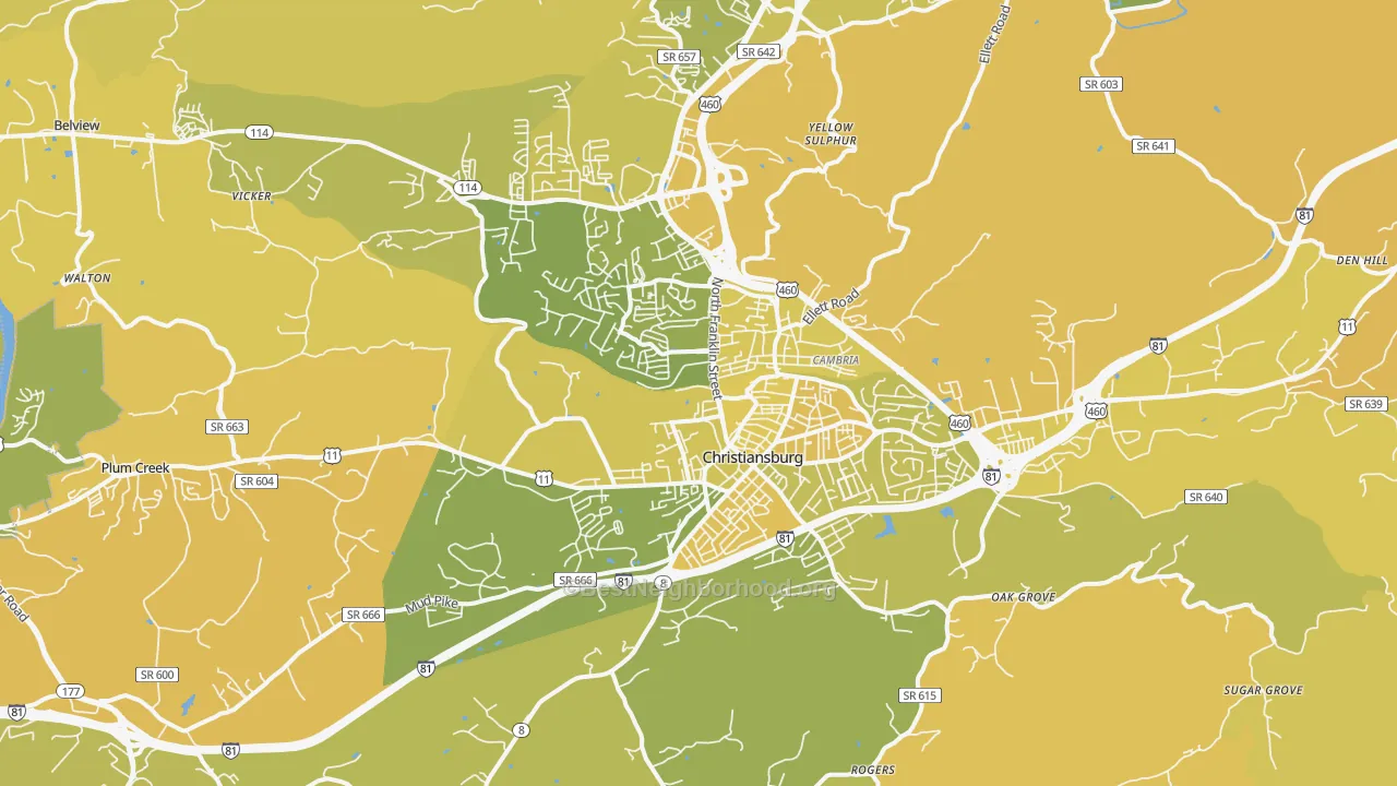 Map of the best neighborhoods in the Christiansburg area, with better matches in green and worse matches in red