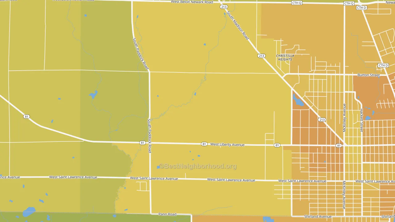Map of the best neighborhoods in the Christilla Heights area, with better matches in green and worse matches in red