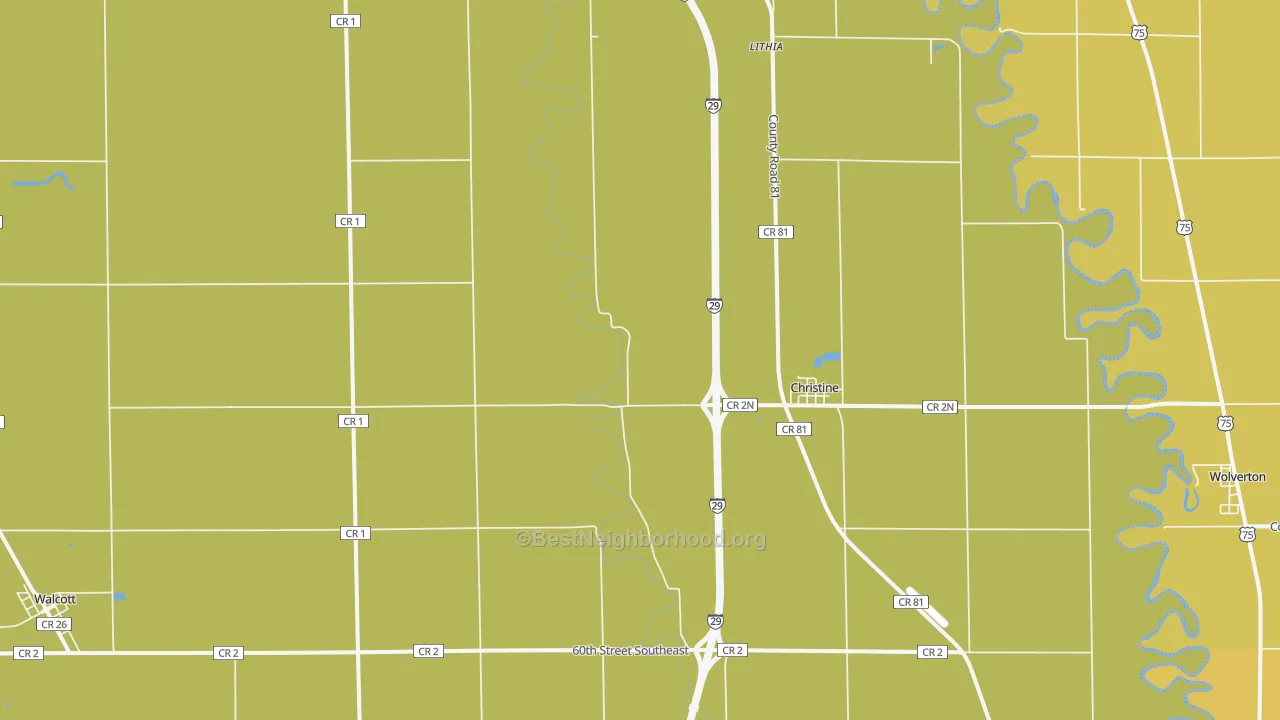 Map of the best neighborhoods in the Christine area, with better matches in green and worse matches in red
