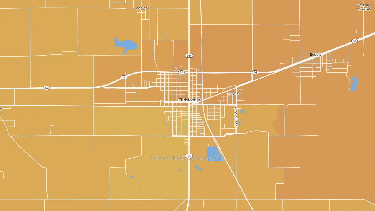 Map of the best neighborhoods in the Christopher area, with better matches in green and worse matches in red
