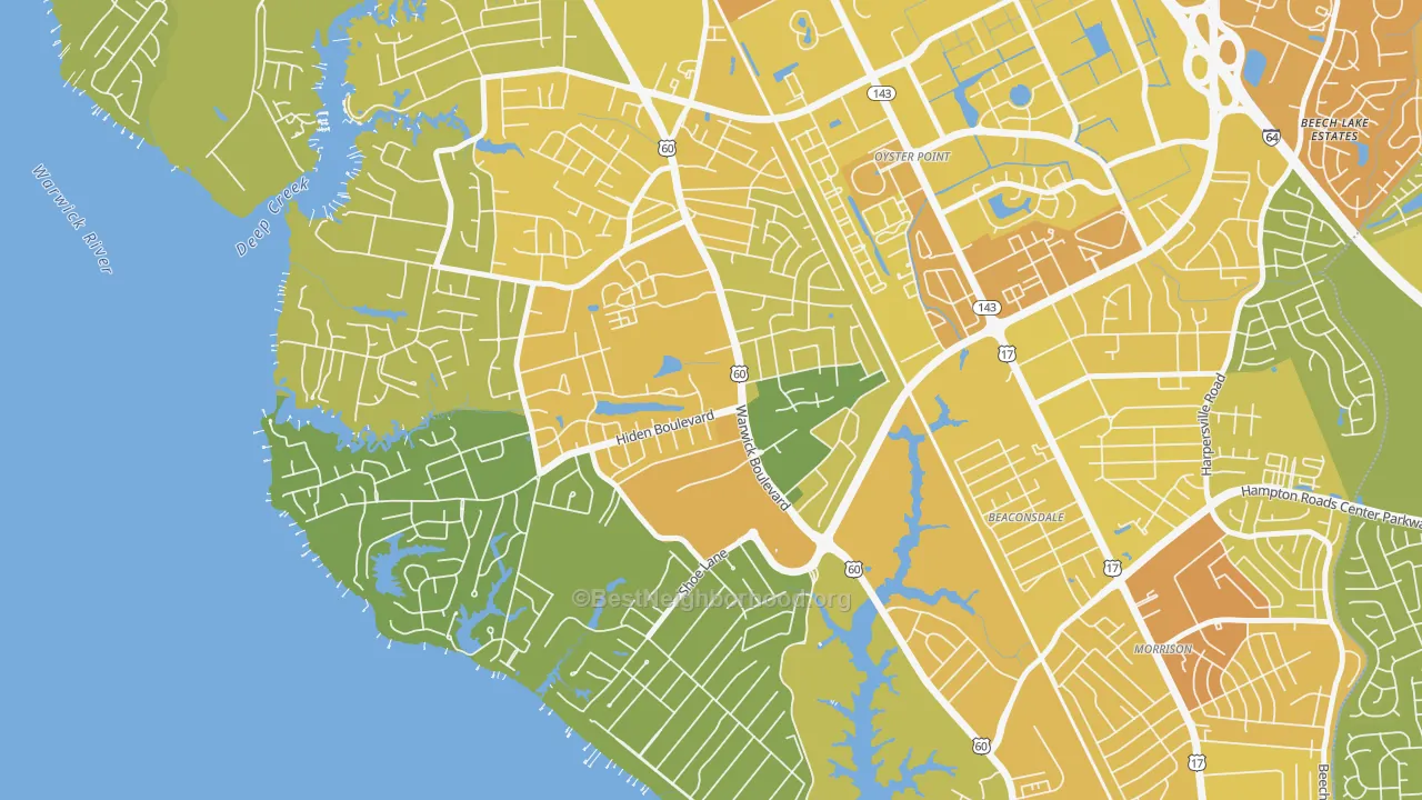 Map of the best neighborhoods in the Christopher Newport, Newport News area, with better matches in green and worse matches in red