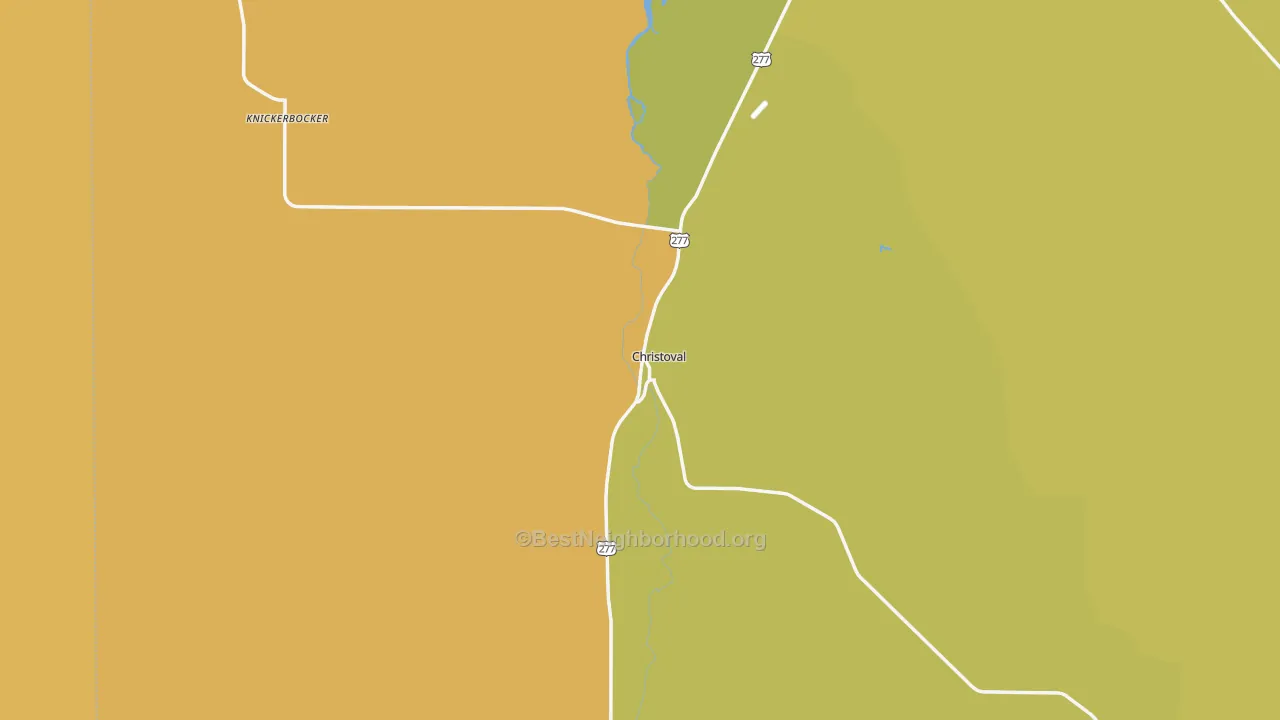 Map of the best neighborhoods in the Christoval area, with better matches in green and worse matches in red