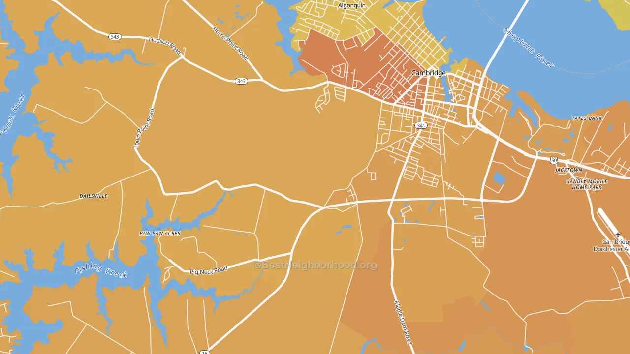 Map of the best neighborhoods in the Christs Rock area, with better matches in green and worse matches in red