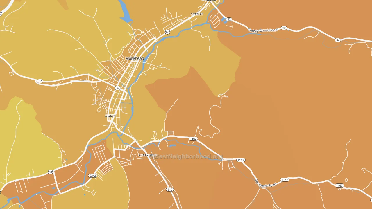 Map of the best neighborhoods in the Christy area, with better matches in green and worse matches in red