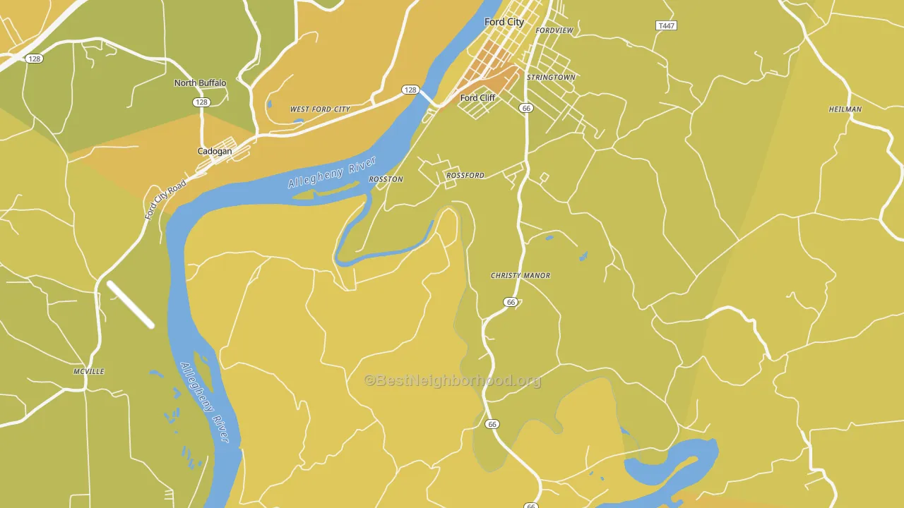 Map of the best neighborhoods in the Christy Manor area, with better matches in green and worse matches in red