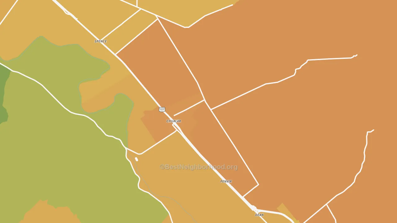 Map of the best neighborhoods in the Chualar area, with better matches in green and worse matches in red