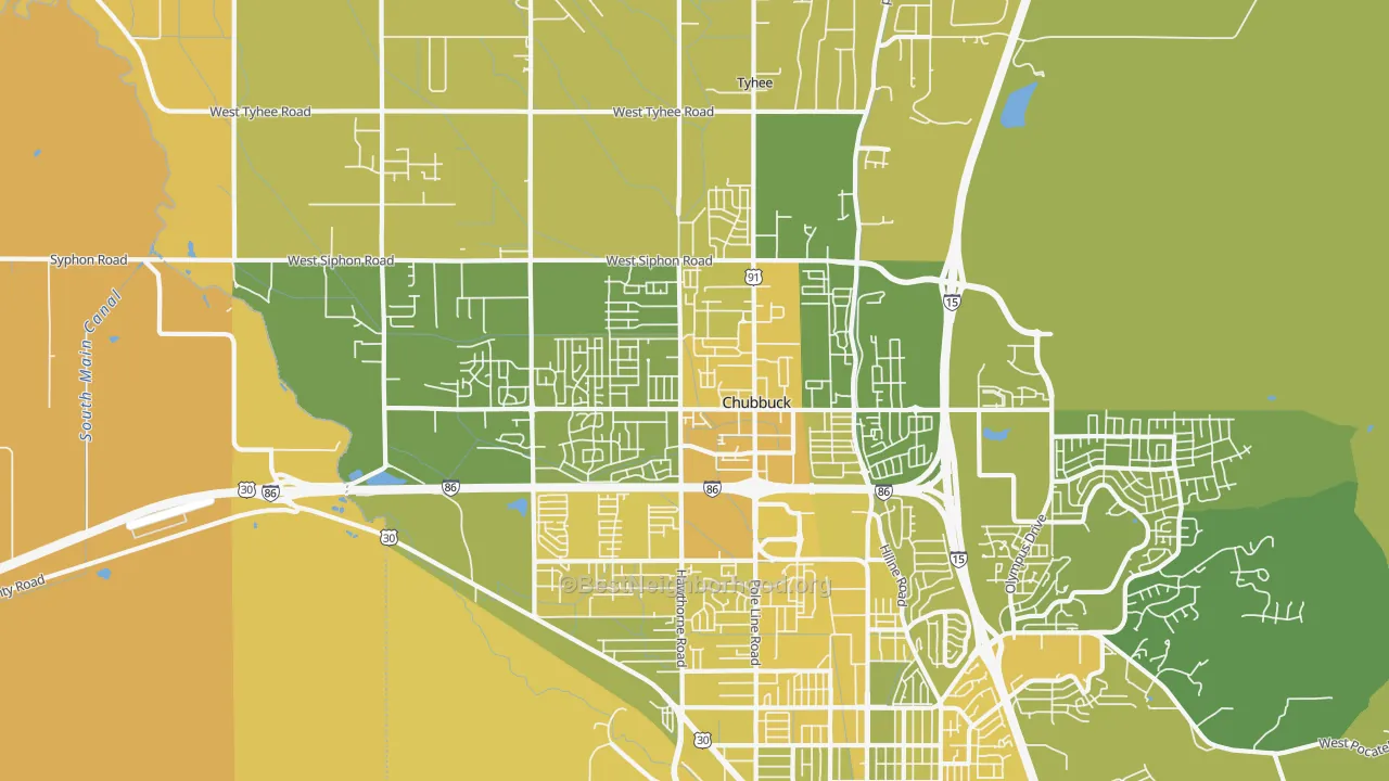 Map of the best neighborhoods in the Chubbuck area, with better matches in green and worse matches in red