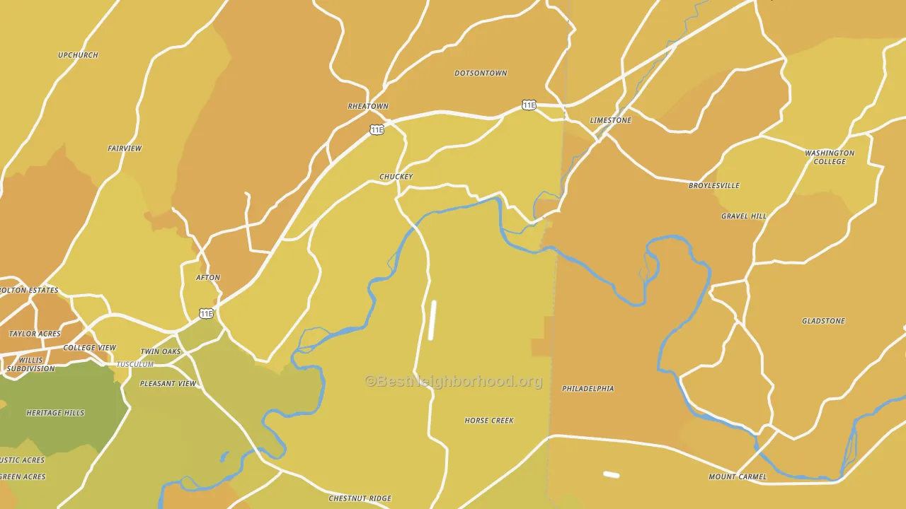 Map of the best neighborhoods in the Chuckey area, with better matches in green and worse matches in red