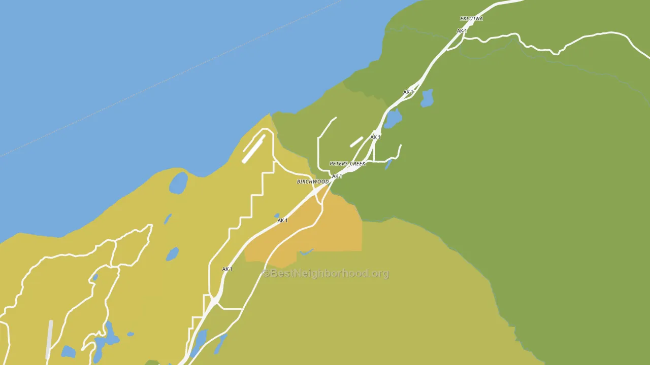 Map of the best neighborhoods in the Chugiak area, with better matches in green and worse matches in red