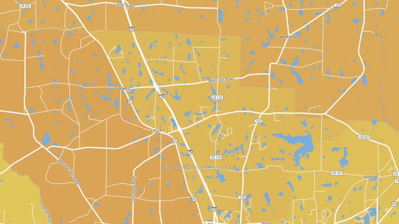 Map of the best neighborhoods in the Chula area, with better matches in green and worse matches in red