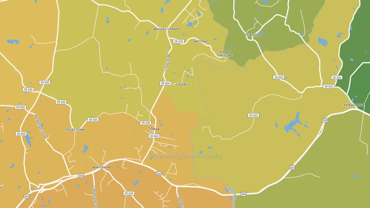 Map of the best neighborhoods in the Chula area, with better matches in green and worse matches in red