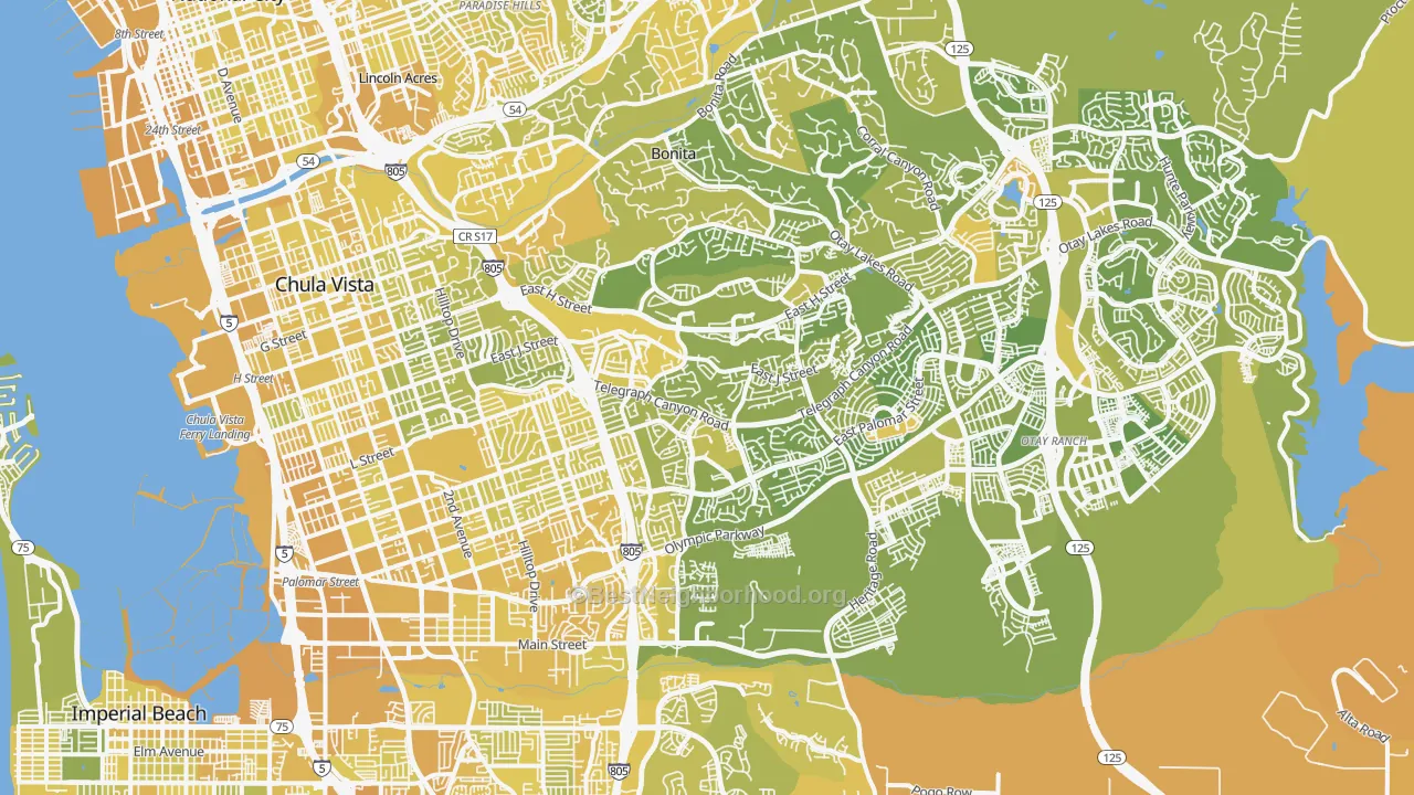 Map of the best neighborhoods in the Chula Vista area, with better matches in green and worse matches in red