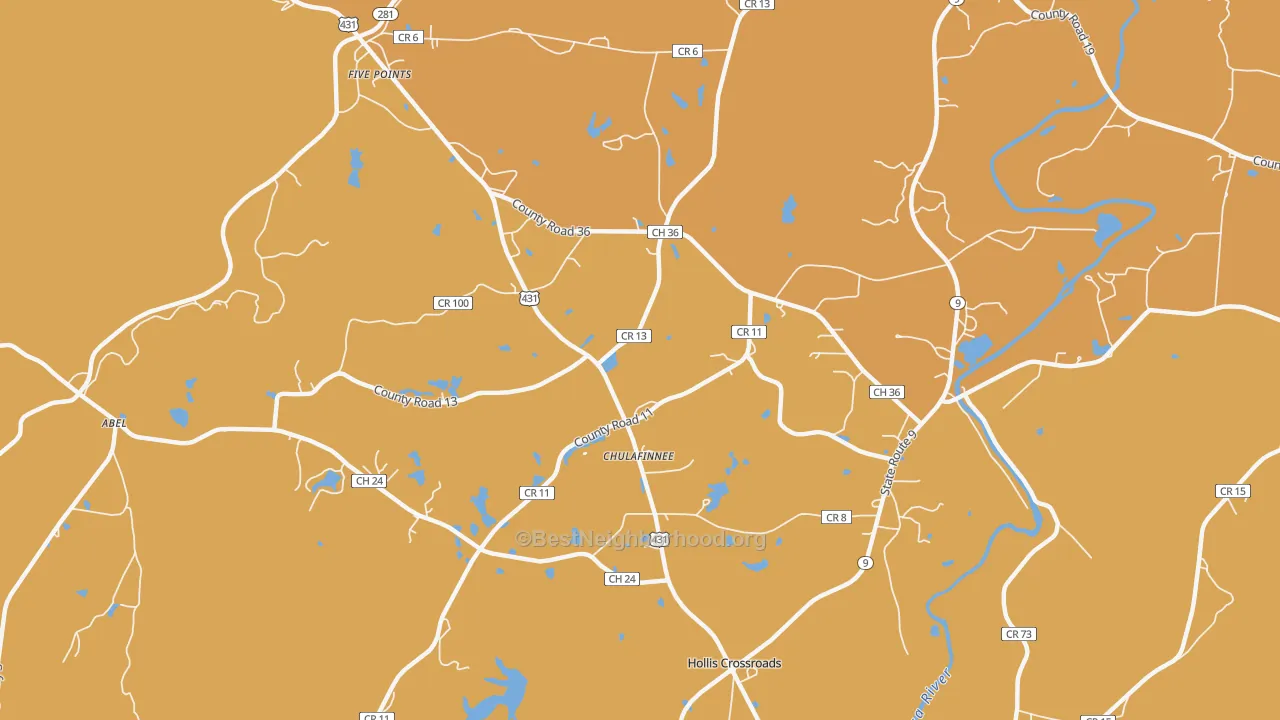 Map of the best neighborhoods in the Chulafinnee area, with better matches in green and worse matches in red