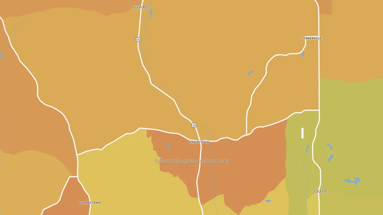 Map of the best neighborhoods in the Chunchula area, with better matches in green and worse matches in red
