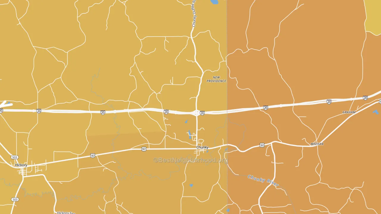Map of the best neighborhoods in the Chunky area, with better matches in green and worse matches in red