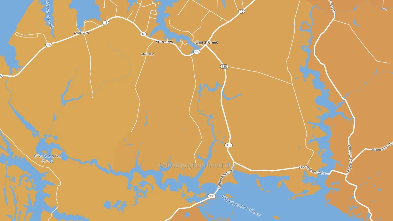 Map of the best neighborhoods in the Church Creek area, with better matches in green and worse matches in red
