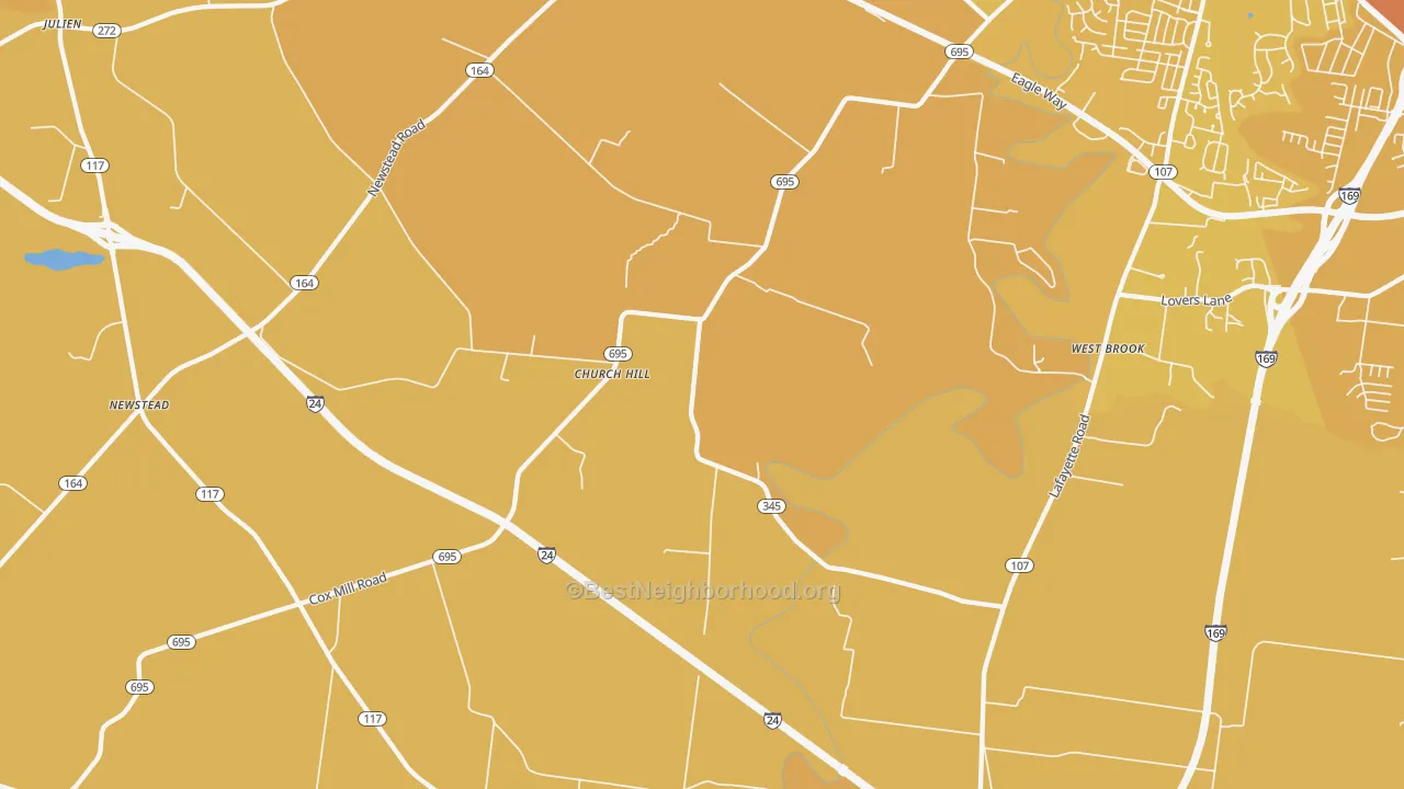 Map of the best neighborhoods in the Church Hill area, with better matches in green and worse matches in red